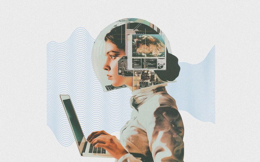 Collage rétro : une femme travaillant sur un ordinateur portable, la tête composée d'écrans, illustrant l'achat d'un SaaS déjà développé