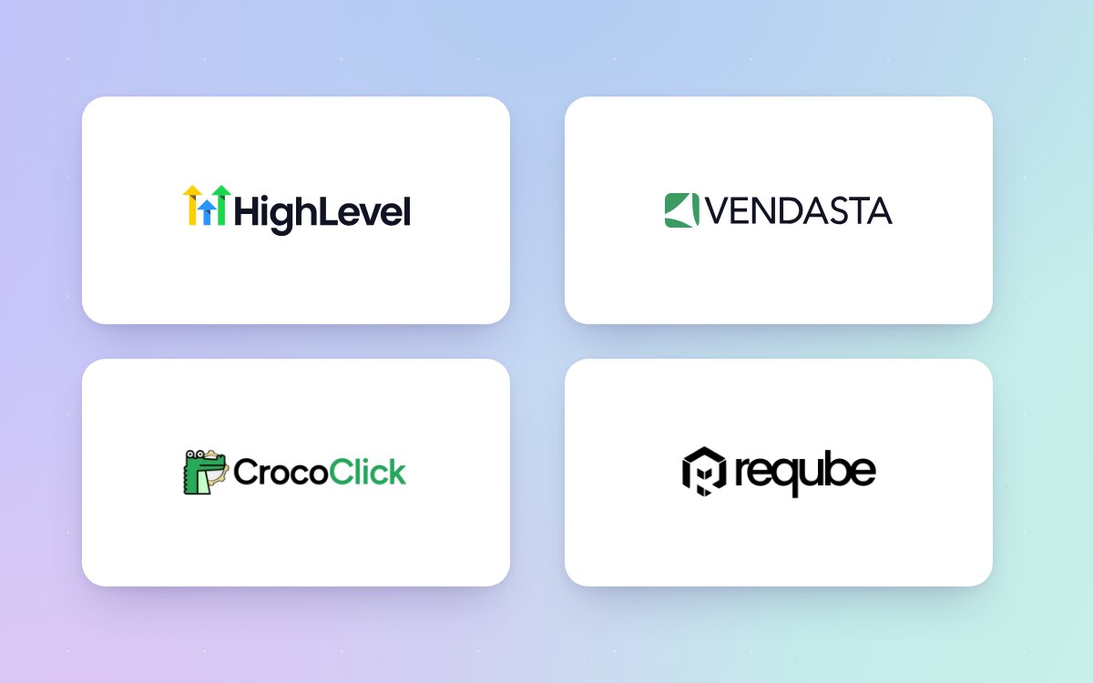 Logos officiels de GoHighLevel, Vendasta, CrocoClick et ReQube sur un fond aux couleurs de ReQube, illustrant les alternatives au White Label de systeme.io