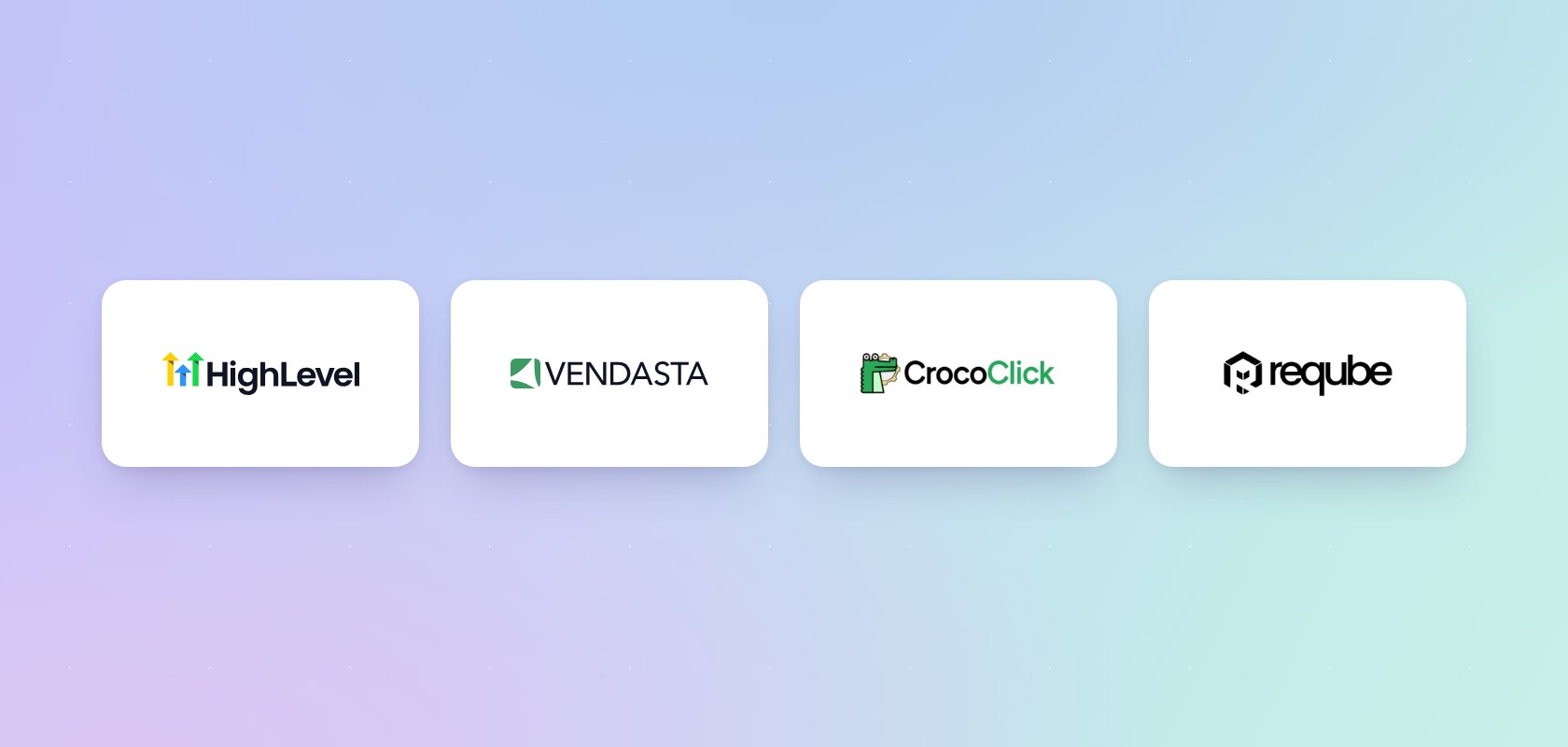 Logos officiels de GoHighLevel, Vendasta, CrocoClick et ReQube alignés sur un fond aux couleurs de ReQube, illustrant les alternatives au White Label de systeme.io