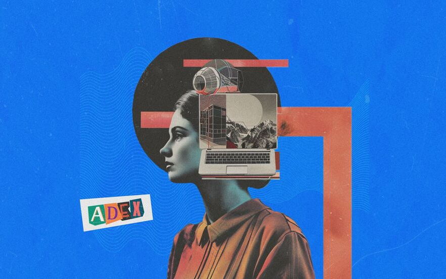 Collage rétro : une femme de profil avec un ordinateur portable à la place du regard, illustrant les méthodes pour lancer un SaaS