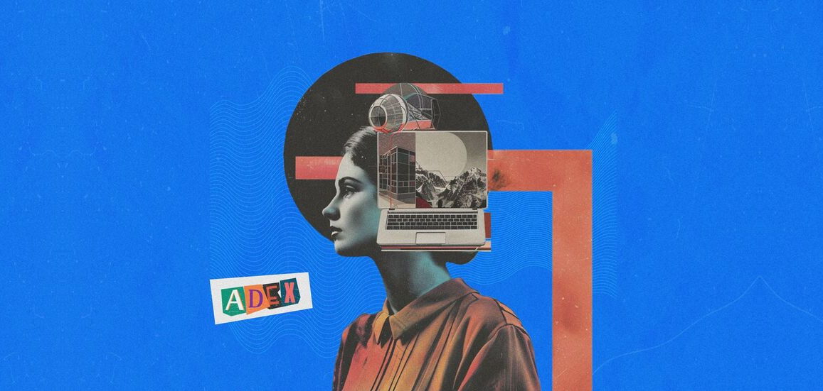 Collage rétro : une femme de profil avec un ordinateur portable à la place du regard, illustrant les méthodes pour lancer un SaaS