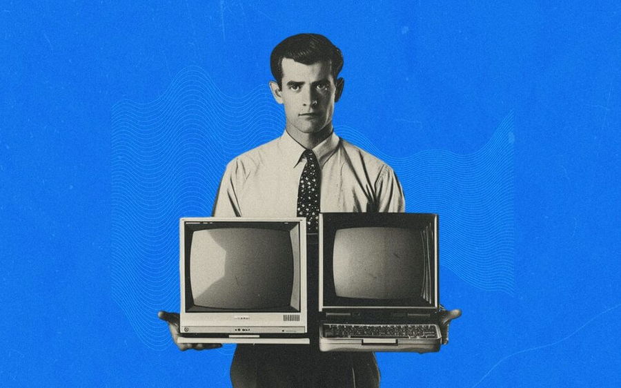 Collage rétro : un homme tenant un téléviseur vintage et un ordinateur portable, illustrant le choix entre un SaaS en marque blanche et un développement sur mesure
