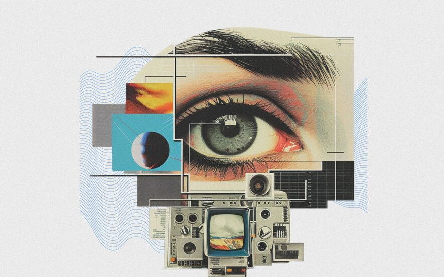 Collage rétro : un œil géant entouré d'écrans et de téléviseurs vintage, illustrant les avantages du modèle white label SaaS