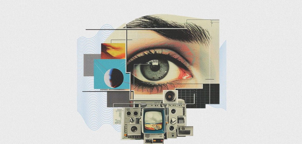 Collage rétro : un œil géant entouré d'écrans et de téléviseurs vintage, illustrant les avantages du modèle white label SaaS